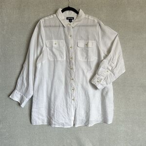 Lands End Women's 1X Button Down Shirt White 100% Linen Long Sleeve Roll Tab